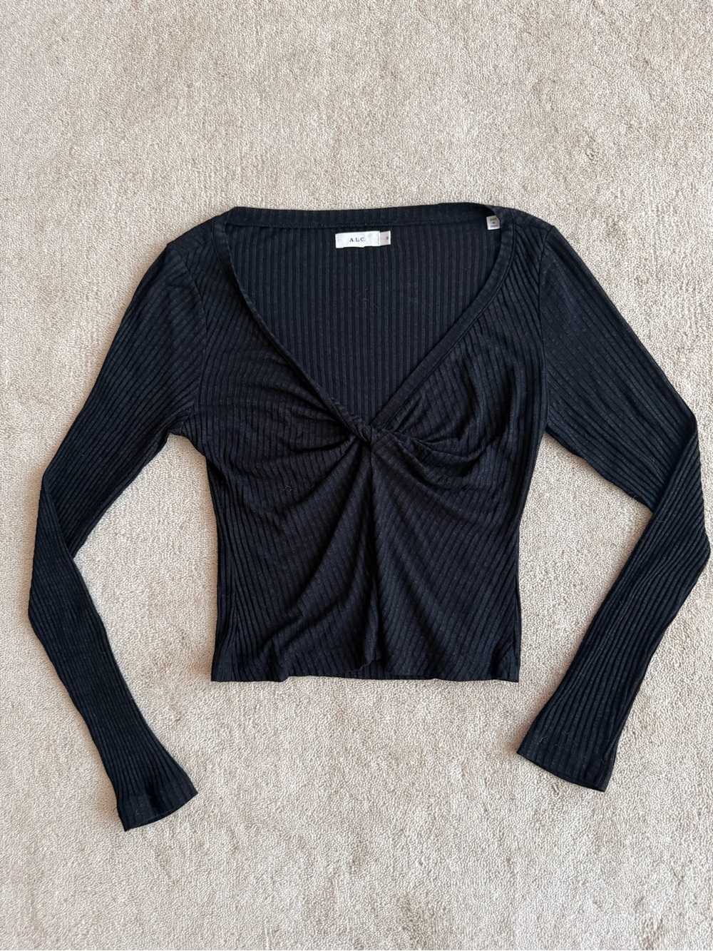 A.L.C. Black Ribbed Twist-Front Long Sleeve Tee